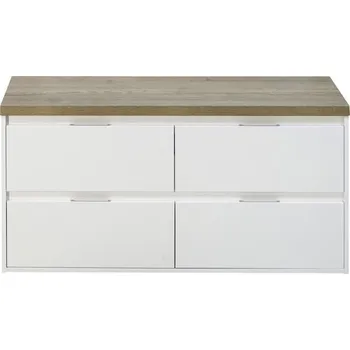 Koupelnový nábytek Koupelnová skříňka pod umyvadlo Porto 120 cm s umyvadlovou deskou 4 zásuvky bílá vysoce lesklá / dub přírodní