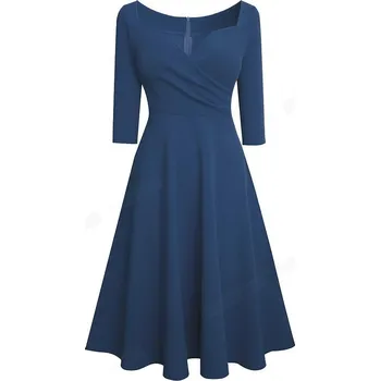 Dámské šaty Elegantní dámské jednobarevné šaty se 3/4 rukávem "áčkového" střihu Barva: tmavě modrá, Velikost: S