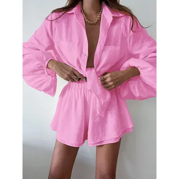 Dámský letní set boho 2v1 košile + šortky Barva: Růžová, Velikost: L