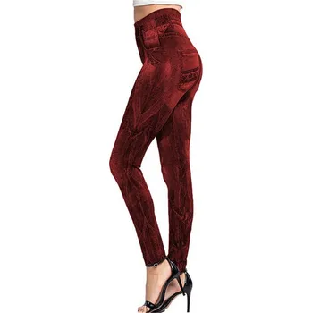 Dámské kalhoty Dámské legíny s džínovým vzorem a jemným potiskem Barva: červená (PD396 Red), Velikost: M