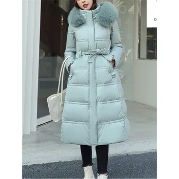 Dámský kabát Dámský zimní kabát s velkým kožešinovým límcem Barva: světle zelená, Velikost: M