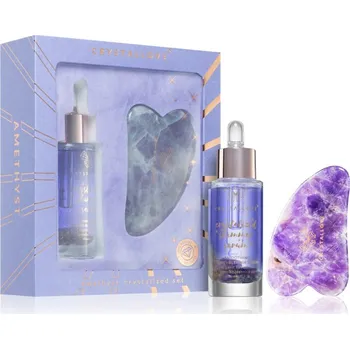 Kosmetická sada Crystallove Crystalized Amethyst Gua Sha masážní pomůcka + Amethyst Shimmer Serum vyhlazující sérum pro redukci nedokonalostí pleti 30 ml