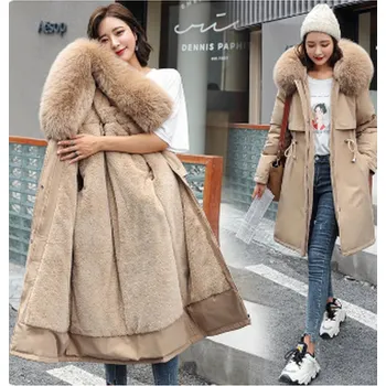 Dámský kabát Dámský zimní kabát s velkým kožešinovým límcem a vlněnou podšívkou vel. až 6XL Barva: Khaki, Velikost: 5XL