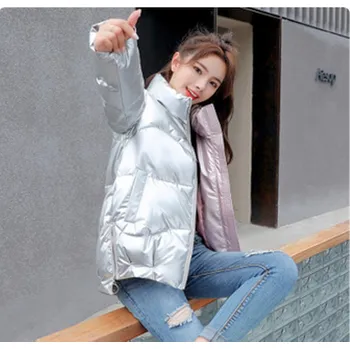 Dámská lesklá prošívaná péřová bunda Barva: Stříbrná, Velikost: XXL