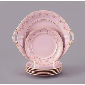 Sada nádobí Leander, talířová souprava koláčová Sonáta, růžový porcelán, 7 dílná