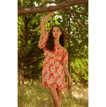 Dámské šaty Trendyol Vícebarevná Květinová Bruslařka / Pásek Otevření Volánek Mini Podšívka Tkané šaty Trendyol hnědá | oranžová | červená 2161791