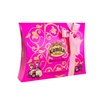 Bonboniéra Bonboniéra KAMILA 300g polštářek s mašlí RŮŽOVÁ - VÝPRODEJ !!! DMT: 4/2023 - poslední 1 ks (KAMILA / výběr pralinek / pralinky s mašlí / polštář / pillar)
