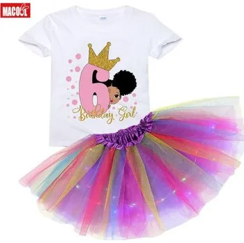 Dívčí sukně Čína Dívčí narozeninový set trika a svítící tutu sukně - 6 let Barva: Fialová, Velikost: 130 triko + uni sukně