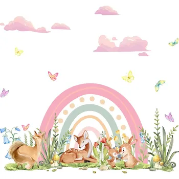 Samolepící dekorace Samolepky na zdi dětské Duha a louka se zvířátky