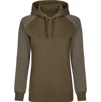 Dámská mikina Dámská slim fit mikina Miners Mate s kontrastními rukávy, s kapucí a bez kapes Barva: zelená olivová mikina s melírovými rukávy, Velikost: S MY621