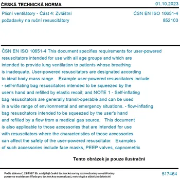 ČSN EN ISO 10651-4 - Plicní ventilátory - Část 4: Zvláštní požadavky na ruční resuscitátory - Tisk
