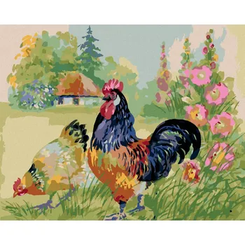 Diamondi Diamantové malování - KOHOUT SE SLEPICÍ OBKLOPENI KVĚTINAMI Rozměr: 40x50 cm, Rámování: vypnuté plátno na rám
