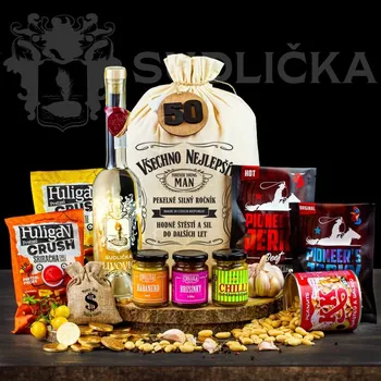 Dárkový potravinový koš Dárkový koš v pytli pro muže, chlapa Slivovice originální dárek pro muže k narozeninám, vánocům, valentýnu Všechno nejlepší