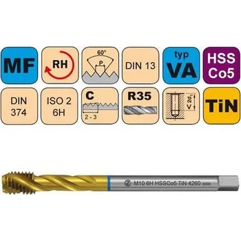 Ruční nářadí NÁSTROJE CZ Závitník strojní M14x1 ISO2 HSSCo5 TiN DIN 374 RSP35 - CZZ4260-M14X1-ISO2