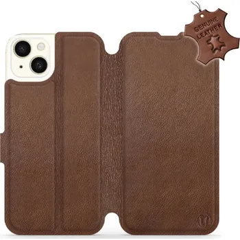 Pouzdro na mobilní telefon Kožené flip pouzdro Mobiwear - Apple iPhone 15 Plus - Hnědé (Kožené knížkové pouzdro, obal, kryt na mobil Apple iPhone 15 Plus, Hnědé, materiál Genuine Leather, ochrana 360°, stojánek, silikonová vanička, magnetické zavírání)