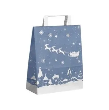 Vánoční papírová taška modro bílá s motivem sobího spřežení 220x100x280 mm s plochým uchem
