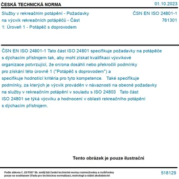 ČSN EN ISO 24801-1 - Služby v rekreačním potápění - Požadavky na výcvik rekreačních potápěčů - Část 1: Úroveň 1 - Potápěč s doprovodem - Tisk