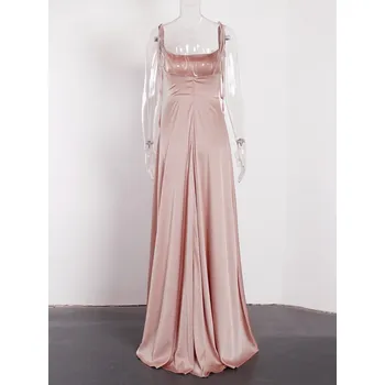 Dámské šaty Čína Elegantní dlouhé saténové společenské šaty s vysokým rozparkem a vázanými ramínky Barva: Růžová, Velikost US: 6