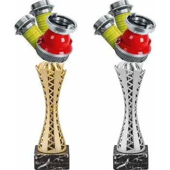 Hasičská akrylátová trofej na prořezávané noze - Text: Zlatý kovový štítek Výška: 33cm Barva: Stříbrná