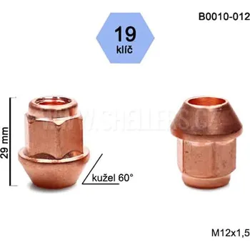Matice na kolo Kolová matice M12x1,5 kužel otevřená s měděným povrchem, klíč 19, B0010-012, výška 29