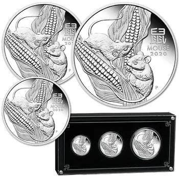 Lunární série III. - sada tří stříbrných mincí Year of the Mouse (Rok krysy) 2020 (1/2 Oz, 1 Oz, 2 Oz) PROOF