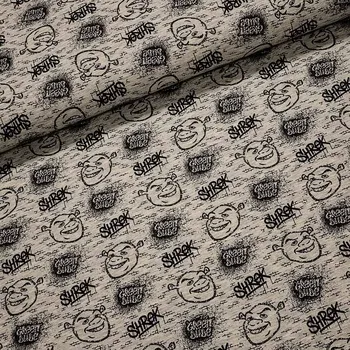 Směsový úplet dětský 8621-001 SHREK, hlavy na nápisy na šedé, š.150cm (látka v metráži)