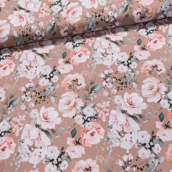 Bavlněný úplet TEPLÁKOVINA 4842 1075, lososové květy na starorůžové, š.185cm (látka v metráži)