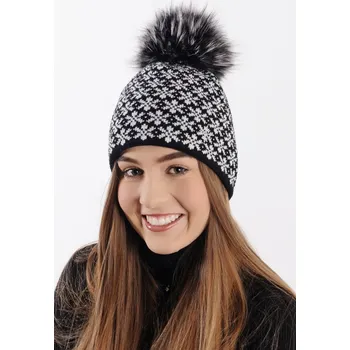 Čepice R-JET Černá dámská zimní pletená čepice s žakárovým vzorem a pravou kožešinovou bambulí TF/VL 13