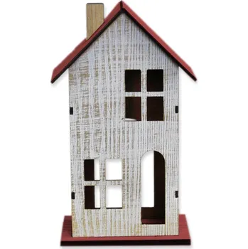 Zahradní dekorace Domek dřevo 21cm červená/zlatá