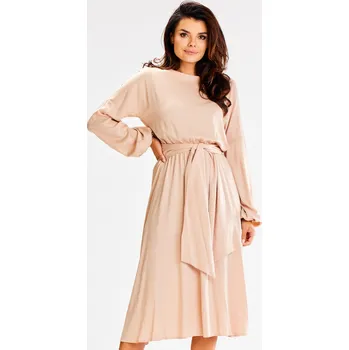 Dámské šaty Volné šaty s rozšířeným spodkem a dlouhými rukávy A602 Barva: Béžová, Velikost: XL