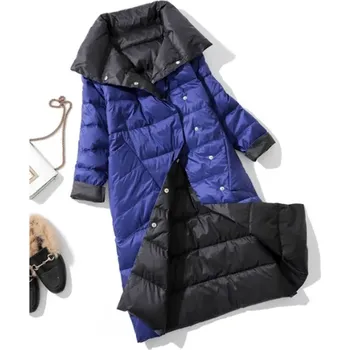 Dámský kabát Oboustranný dámský zimní péřový kabát (vel. S - 5XL) Barva: modrá, Velikost: 3XL