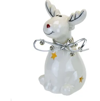 Vánoční dekorace Keramický sob s LED osvětlením a mašličkou 11,5 cm