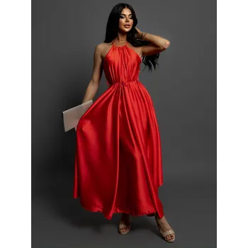 Dámské šaty Červené dlouhé lesklé elegantní šaty MADES se zavazováním Velikost: ONESIZE