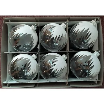 Vánoční dekorace Vánoční skleněné koule 7cm, hladké, čiré, lesk, bílý dekor rampouchů, 6ks