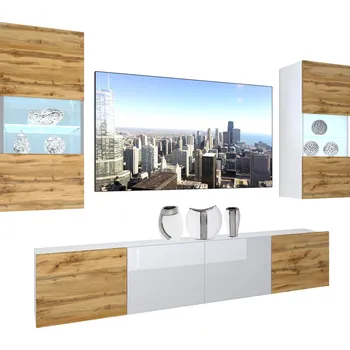 Obývací stěna Obývací stěna Belini Premium Full Version dub wotan / bílý lesk + LED osvětlení Nexum 104 104 NEX 7/0/W/DWDWW/0/0/PP