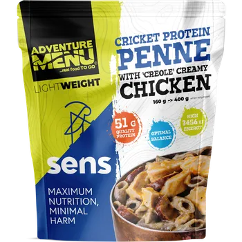 Hotové jídlo ADVENTURE MENU Sušené Cvrččí proteinové penne s kuřecím masem v kreolské krémové omáčce (160g - 1 porce)