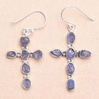 Náušnice Tanzanit surový náušnice kříž stříbro Ag 925 LOT1 2,8 cm, 5,5 g