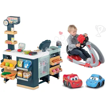 Hra na obchod Set obchod elektronický smíšené zboží s chladničkou Maxi Market a trenažér V8 Driver Smoby se zvukem a světlem a autíčka