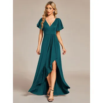 Dámské šaty Lesklé večerní šaty s volánovými rukávy Barva: Tyrkysová, Velikost: M