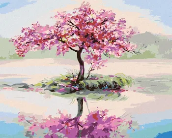 Diamantové malování Diamondi Rozkvetlá sakura u jezera s rámem 40 x 50 cm