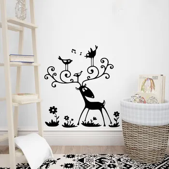 Samolepící dekorace Živá Zeď Samolepka na zeď Jelen a ptáčci Barva: černá