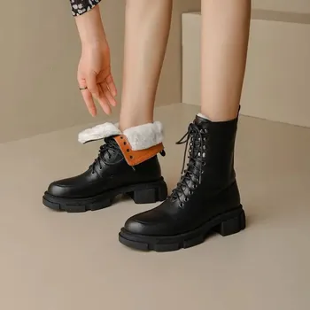 Dámské kozačky Kotníkové zimní boty pravá kůže s ovčí vlnou Barva: Černá, Velikost: 42