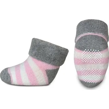 Ponožky dětské froté protiskluzové - PROUŽKY růžovo-šedé - vel.6-12měs.