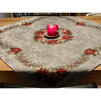 Vánoce BYTEMA Vánoční gobelínové ubrusy a šály VÁNOČNÍ RŮŽE-VĚNEC CESMÍNA ŠEDÝ 140 x 180 cm