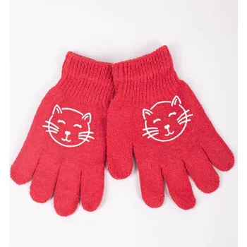 Rukavice YO Rukavice dívčí prstové RED119G červené s kočičkou velikost rukavic: 18 cm