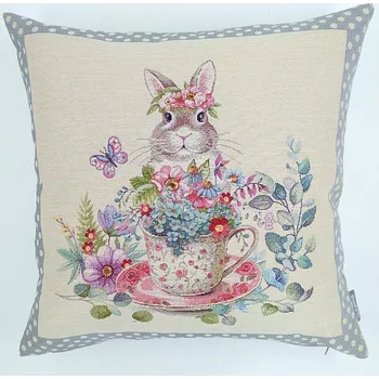 Dekorativní polštářek BYTEMA Gobelínový povlak na polštář ZAJÍC V HRNÍČKU šedý 45 x 45 cm