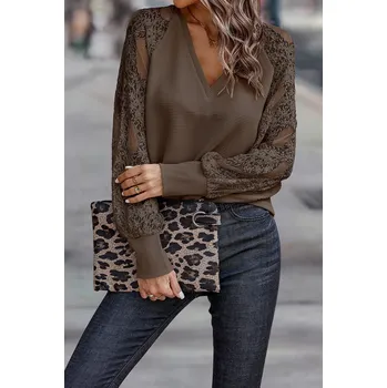 Dámská halenka Dámský elegantní top / blůza s krajkou na rukávech Barva: Hnedá, Velikost: XXL