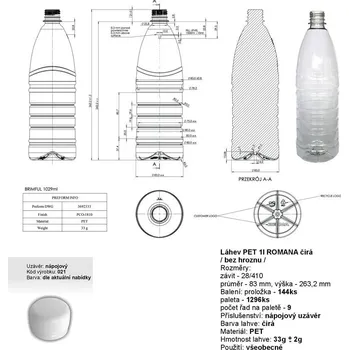 Láhev PET lahev čirá 1L s uzávěrem