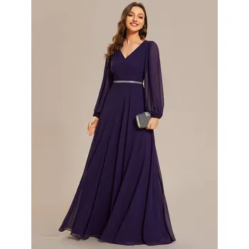 Dámské šaty Šifonové šaty na svatbu s výstřihem do V a dlouhým rukávem Barva: Fialová, Velikost: S