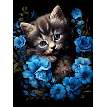 Diamantové malování Diamantové malování - Kočka v modrých květech č. 1104 - 65x85cm